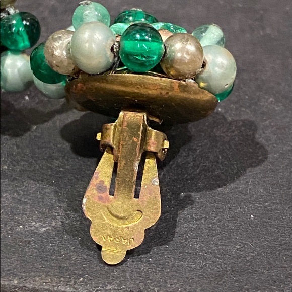 Japan Vintage Glass and Acrylic Cluster Earrings with Green Beads - Picture 4 of 7